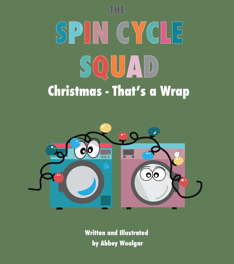 Book cover for the Spin Cycle Squad Christmas that's a wrap. It shows a cartoon washing machine and tumble dryer with Christmas lights covering them, they look happy.