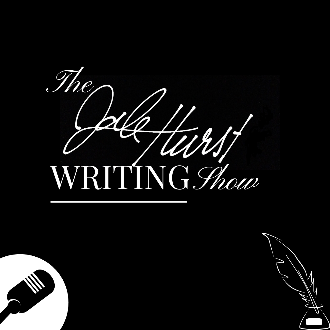 Black tile with white text reading "The Dale Hurst Writing Show" in the centre. Icons of a microphone and a quill pen in an ink bottle appear in the bottom corners.